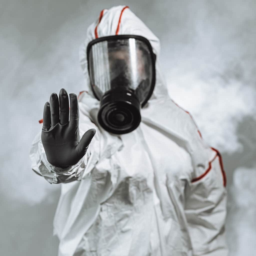 Picture of a man with a gas mask and a protective suit for sterilization