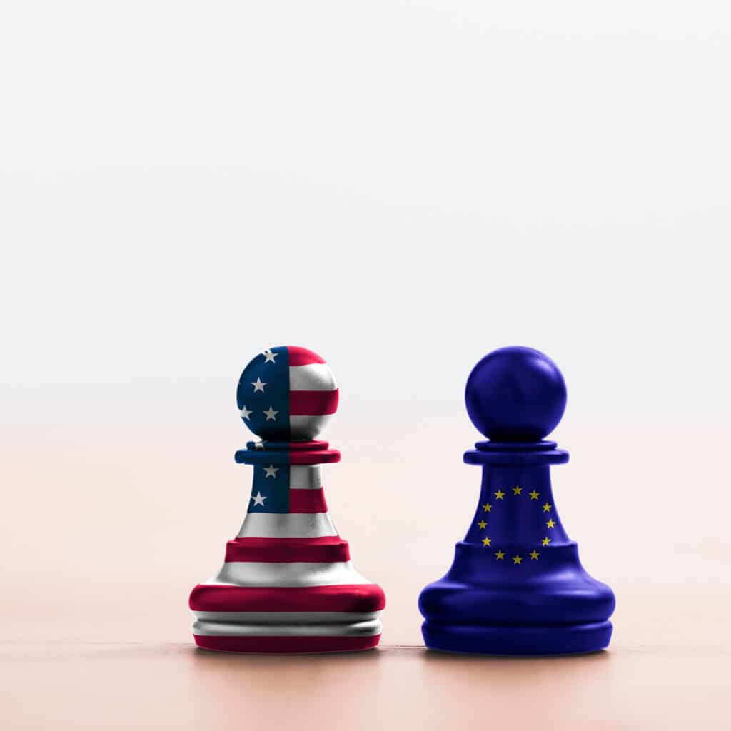 FDA and EMA policies. Two pieces of chess, one as the USA, and the other as European Union