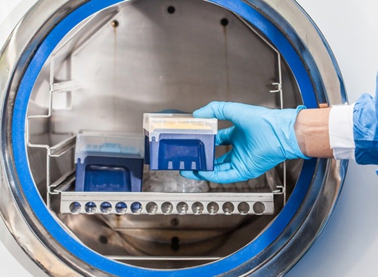 Sterility services. Sicentist sterilizing laboratory material in autoclave