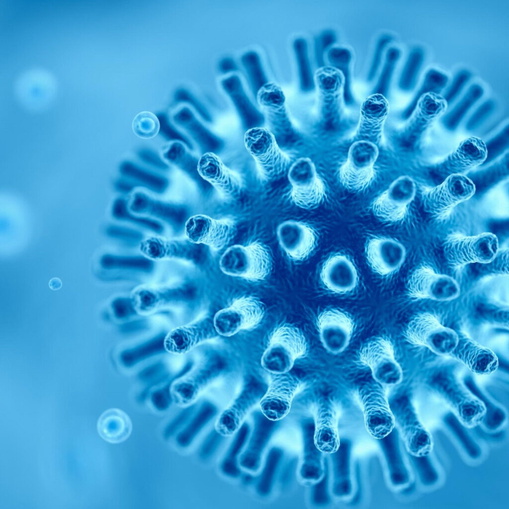 Illustration of a bacteria in a blue background. How to control endotoxins in medical products, Three ways to control endotoxins. Indirect control of endotoxins. Direct control of Endotoxins. Process control of endotoxins. Environmental control. Endotoxin monitoring